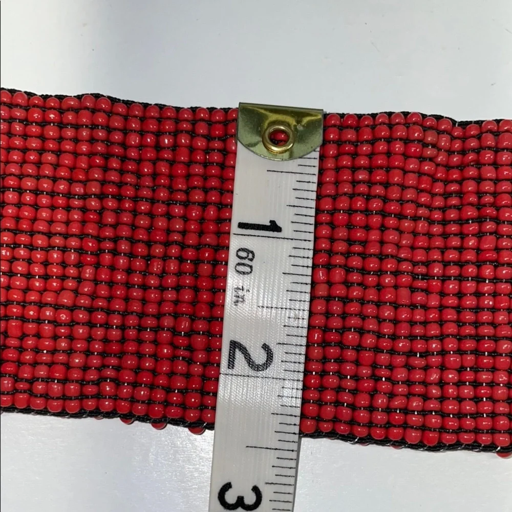 Boho Cowgirl Red Beaded Stretch Belt Wood Buckle Wide Artisan Small Southwest